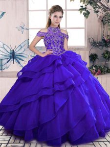 Low Price Blue High-neck Lace Up Beading and Ruffles Sweet 16 Dresses Sleeveless