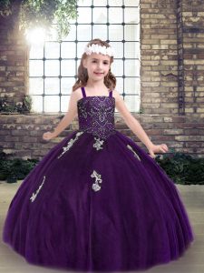 Purple Ball Gowns Tulle Straps Sleeveless Appliques Floor Length Lace Up Little Girls Pageant Dress