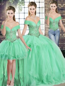 Floor Length Three Pieces Sleeveless Apple Green Quinceanera Gowns Lace Up
