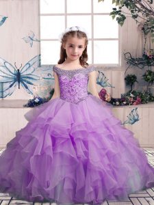 Lilac Sleeveless Organza Lace Up Little Girls Pageant Dress for Party and Sweet 16 and Wedding Party