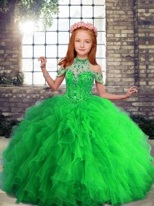 High-neck Lace Up Beading and Ruffles Kids Pageant Dress Sleeveless