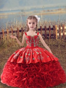 Custom Design Red Lace Up Straps Embroidery Kids Pageant Dress Fabric With Rolling Flowers Sleeveless Sweep Train