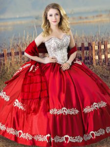 Red Ball Gowns Sweetheart Sleeveless Satin Floor Length Lace Up Beading and Embroidery Quinceanera Gowns