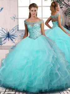 Tulle Off The Shoulder Sleeveless Lace Up Beading and Ruffles Quinceanera Gowns in Aqua Blue
