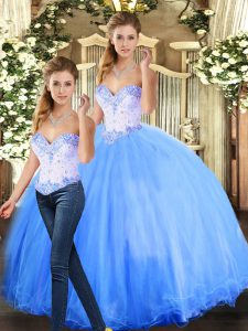 Charming Ball Gowns Sweet 16 Dress Blue Sweetheart Tulle Sleeveless Floor Length Lace Up