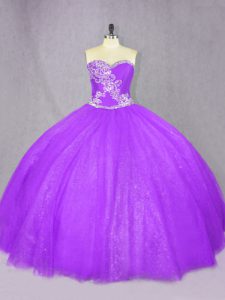 Modern Lavender Tulle Lace Up Sweetheart Sleeveless Floor Length Quince Ball Gowns Beading