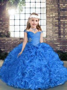 Excellent Royal Blue Ball Gowns Beading and Ruching Little Girls Pageant Gowns Lace Up Fabric With Rolling Flowers Sleeveless Floor Length