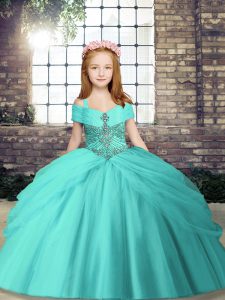 Sleeveless Floor Length Beading Lace Up Little Girl Pageant Dress with Aqua Blue