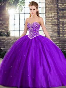 Delicate Purple Sleeveless Tulle Brush Train Lace Up Quinceanera Dresses for Military Ball and Sweet 16 and Quinceanera