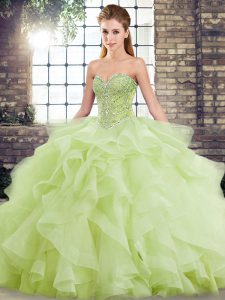 Yellow Green Ball Gowns Sweetheart Sleeveless Tulle Brush Train Lace Up Beading and Ruffles Sweet 16 Dress