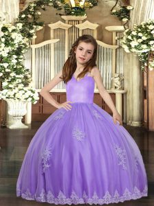 Beauteous Lavender Sleeveless Floor Length Appliques Lace Up Kids Formal Wear