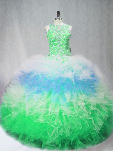 Edgy Tulle Scoop Sleeveless Zipper Beading and Ruffles Sweet 16 Quinceanera Dress in Multi-color