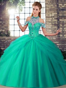 Custom Fit Turquoise Lace Up Vestidos de Quinceanera Beading and Pick Ups Sleeveless Brush Train
