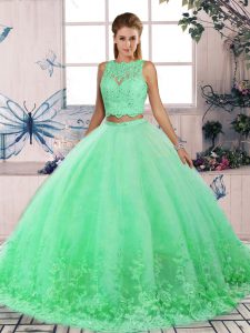 Turquoise 15th Birthday Dress Scalloped Sleeveless Sweep Train Backless
