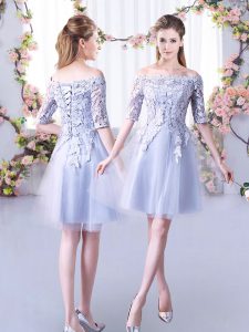 On Sale Grey Half Sleeves Tulle Lace Up Quinceanera Dama Dress for Wedding Party