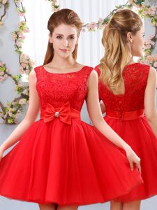 A-line Quinceanera Dama Dress Red Scoop Tulle Sleeveless Mini Length Lace Up
