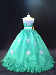 Fantastic Turquoise Organza Zipper Quince Ball Gowns Sleeveless Appliques