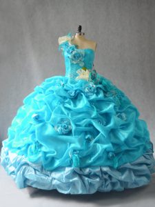 Amazing Aqua Blue Ball Gowns One Shoulder Sleeveless Organza Floor Length Lace Up Pick Ups and Hand Made Flower 15th Birthday Dress