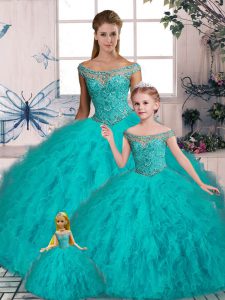 Great Aqua Blue Off The Shoulder Neckline Beading and Ruffles 15th Birthday Dress Sleeveless Lace Up