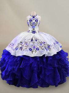 Delicate Blue And White Sleeveless Embroidery and Ruffles Floor Length Sweet 16 Quinceanera Dress
