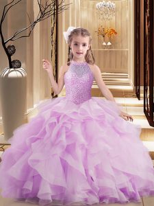 Lilac Ball Gowns High-neck Sleeveless Tulle Floor Length Lace Up Beading Little Girl Pageant Gowns