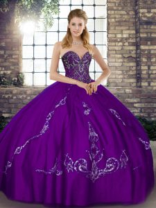 Sleeveless Floor Length Beading and Embroidery Lace Up 15 Quinceanera Dress with Purple
