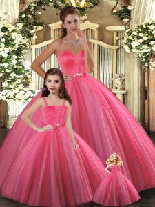 Coral Red Tulle Lace Up Sweetheart Sleeveless Floor Length Quince Ball Gowns Beading