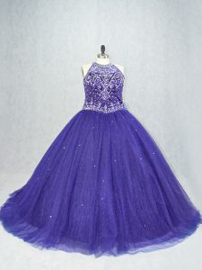 Custom Fit Purple Lace Up Quinceanera Gown Beading Sleeveless Brush Train
