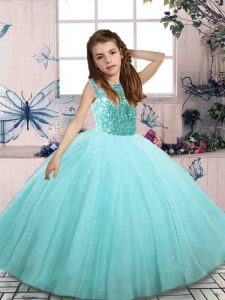 Scoop Sleeveless Lace Up Girls Pageant Dresses Aqua Blue Tulle