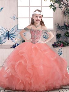 Watermelon Red Lace Up Straps Beading and Ruffles Girls Pageant Dresses Tulle Sleeveless