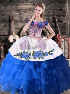 Top Selling Blue And White Off The Shoulder Lace Up Appliques Quinceanera Gown Sleeveless