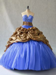 Most Popular Blue Ball Gowns V-neck Sleeveless Organza and Printed Brush Train Lace Up Beading and Pick Ups Sweet 16 Dresses