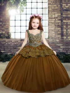 Brown Lace Up Little Girl Pageant Dress Beading and Appliques Sleeveless Floor Length