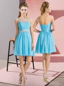 Admirable Mini Length Aqua Blue Dama Dress Bateau Cap Sleeves Lace Up