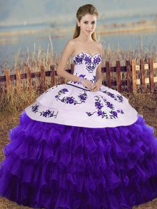 Simple White And Purple Sweetheart Lace Up Embroidery and Ruffled Layers and Bowknot Quince Ball Gowns Sleeveless
