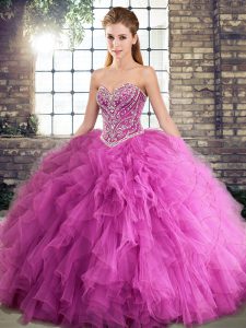 Beading and Ruffles Sweet 16 Dresses Rose Pink Lace Up Sleeveless Floor Length
