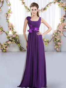 Purple Empire Straps Sleeveless Chiffon Floor Length Zipper Belt and Hand Made Flower Vestidos de Damas