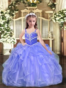 Straps Sleeveless Kids Formal Wear Floor Length Beading and Ruffles Lavender Organza