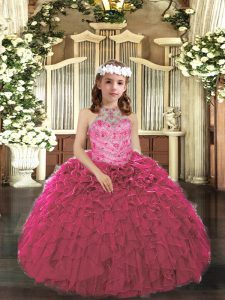 Hot Pink Tulle Lace Up Little Girls Pageant Dress Wholesale Sleeveless Floor Length Beading and Ruffles