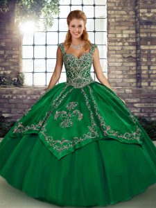 Pretty Green Ball Gowns Tulle Straps Sleeveless Beading and Embroidery Floor Length Lace Up Sweet 16 Dresses