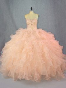 New Arrival Floor Length Lace Up 15th Birthday Dress Peach for Sweet 16 and Quinceanera with Beading and Ruffles