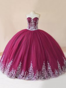 Hot Selling Burgundy Tulle Lace Up Sweetheart Sleeveless Floor Length Sweet 16 Dresses Embroidery