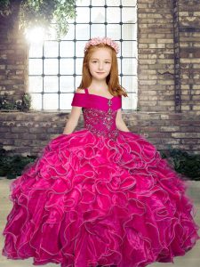 Straps Sleeveless Lace Up Pageant Gowns For Girls Fuchsia Organza