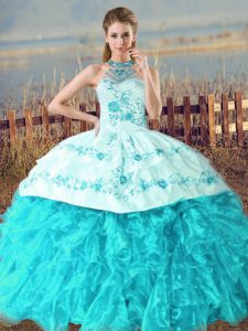 Aqua Blue Halter Top Neckline Embroidery and Ruffles Quince Ball Gowns Sleeveless Lace Up