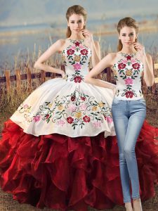 White And Red Organza Lace Up Halter Top Sleeveless Floor Length Quinceanera Dresses Embroidery and Ruffles