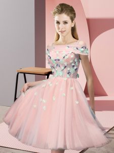 Pink Lace Up Off The Shoulder Appliques Damas Dress Tulle Short Sleeves