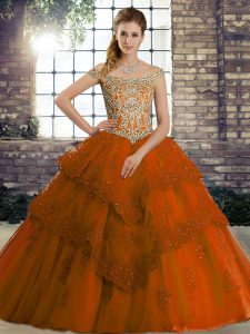 Sophisticated Rust Red Sleeveless Tulle Brush Train Lace Up Sweet 16 Dress for Military Ball and Sweet 16 and Quinceanera