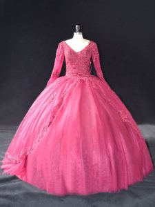 Hot Sale V-neck Long Sleeves Sweet 16 Dresses Floor Length Lace and Appliques Hot Pink Tulle