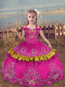 Fuchsia Lace Up Off The Shoulder Beading and Embroidery Little Girl Pageant Dress Satin Sleeveless