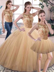 Best Gold Ball Gowns Beading 15th Birthday Dress Lace Up Tulle Sleeveless Floor Length